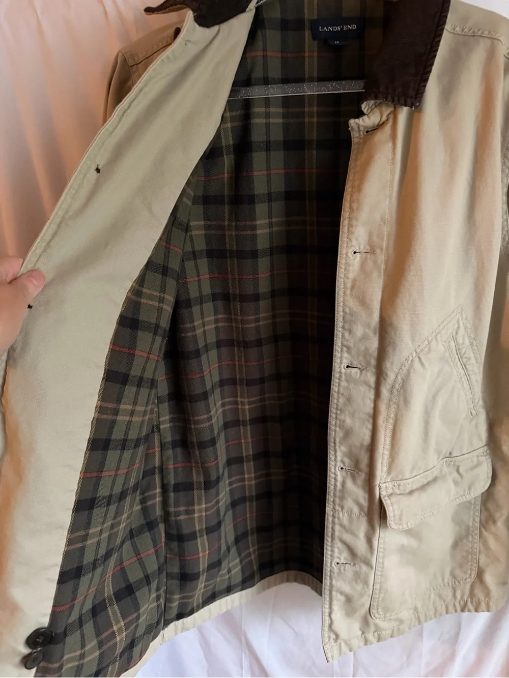 Men’s Lands End Barn Coat Jacket Tan Corduroy collar flannel Lined Chore M